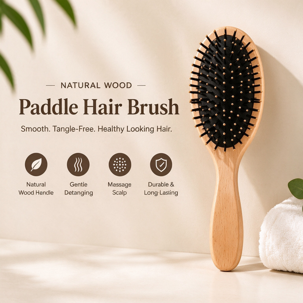 Wooden Paddle Hair Brush – Natural Wood Handle Detangling Brush